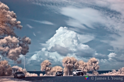 Lighthouse parking lot with huge cloud in infrared. (8/7/2015) - St. Marks National Wildlife Refuge.