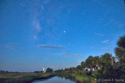 The lighthouse and milky way seen at moonrise. (09-16-2019) - St. Marks National Wildlife Refuge.